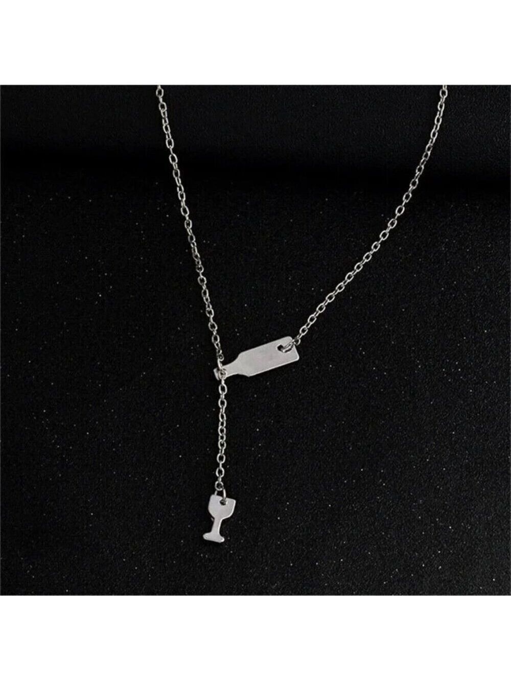 Wine Bottle & Glass Pendant Necklace in Silver Color